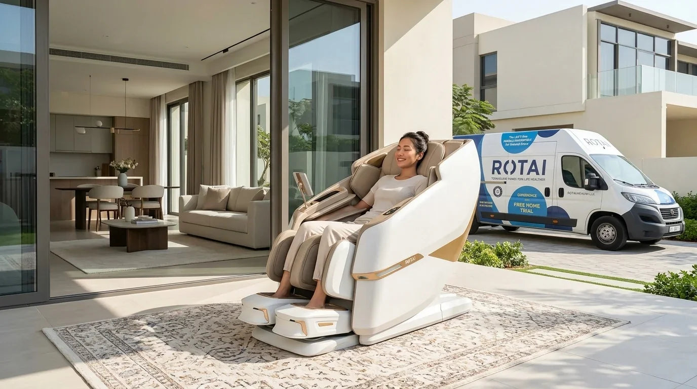 Person using a massage chair in a modern living room with a van labeled 'ROTAI' in the background.