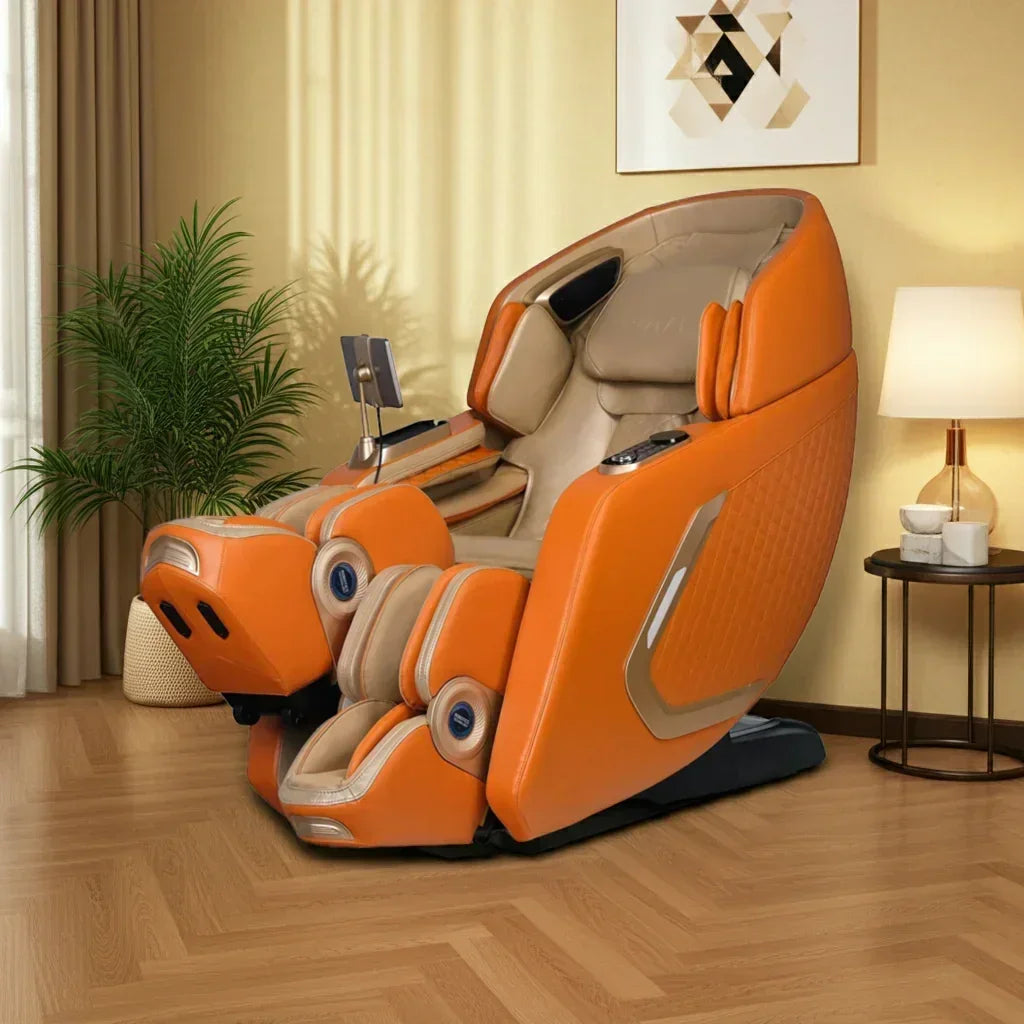 Orange massage chair in a room with a plant and lamp.