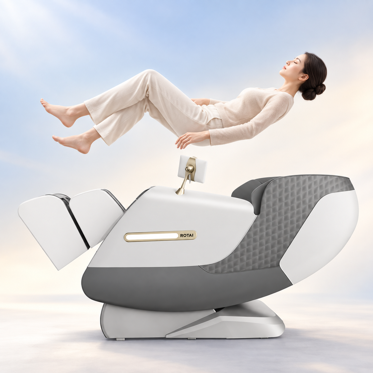 A woman reclines in a modern ROTAI massage chair with a white and gray design, set against a soft blue sky background.