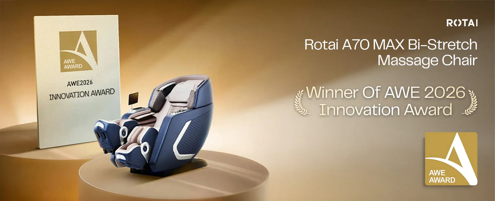 Luxury full body massage chair on display with AWE 2026 Innovation Award trophy