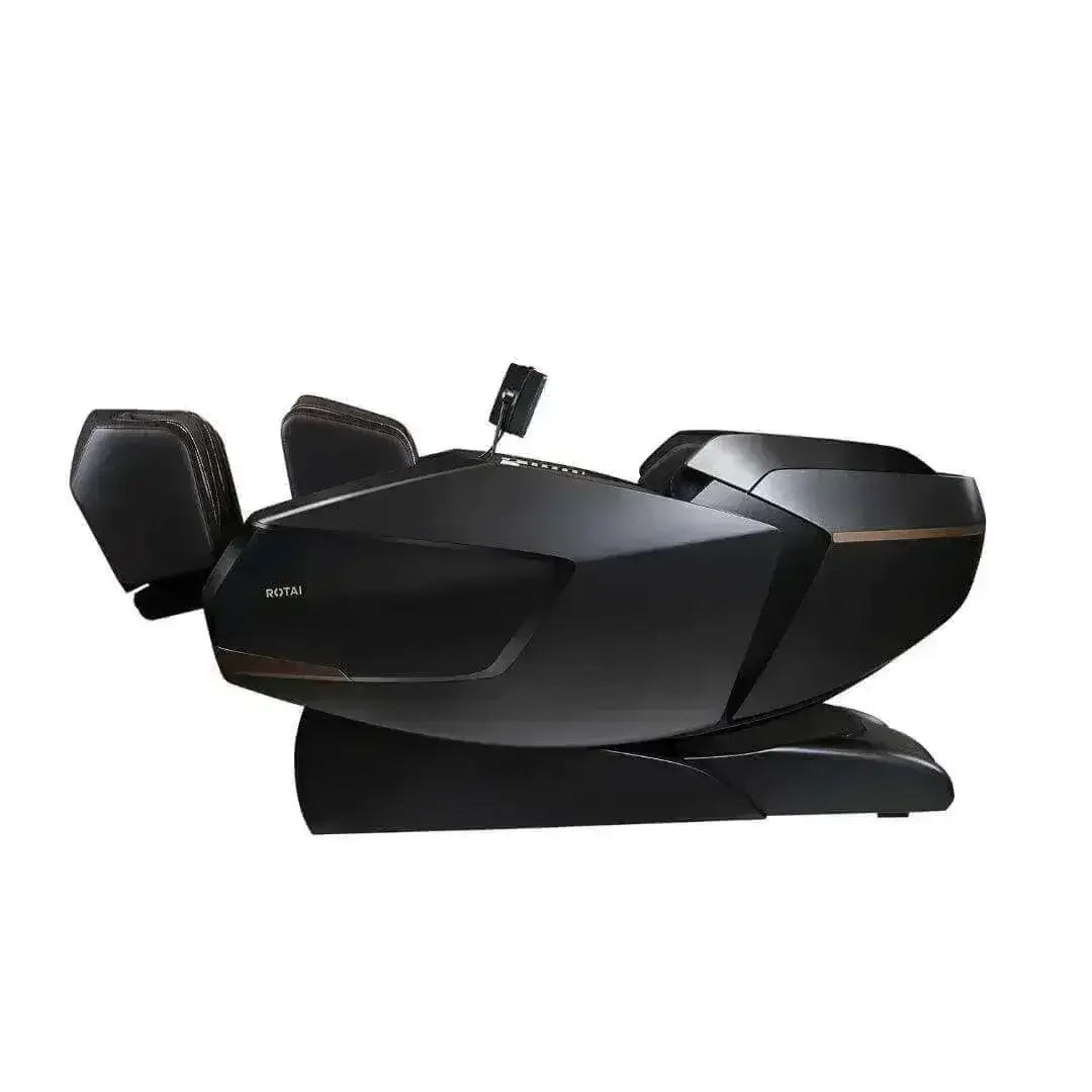 Modern black ROTAI massage chair with sleek design and adjustable leg rest