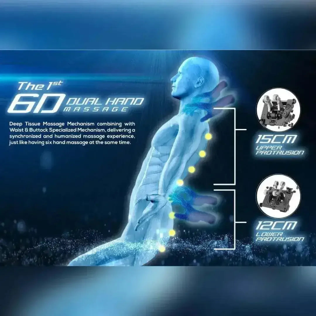 6D dual hand massage chair graphic showing deep tissue mechanism, upper and lower protrusion