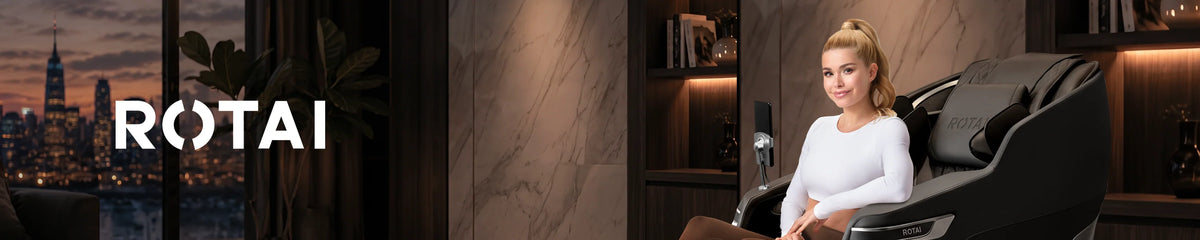 A woman sits in a modern massage chair in a dimly lit interior setting, with the ROTAI logo visible on the left side of the image.
