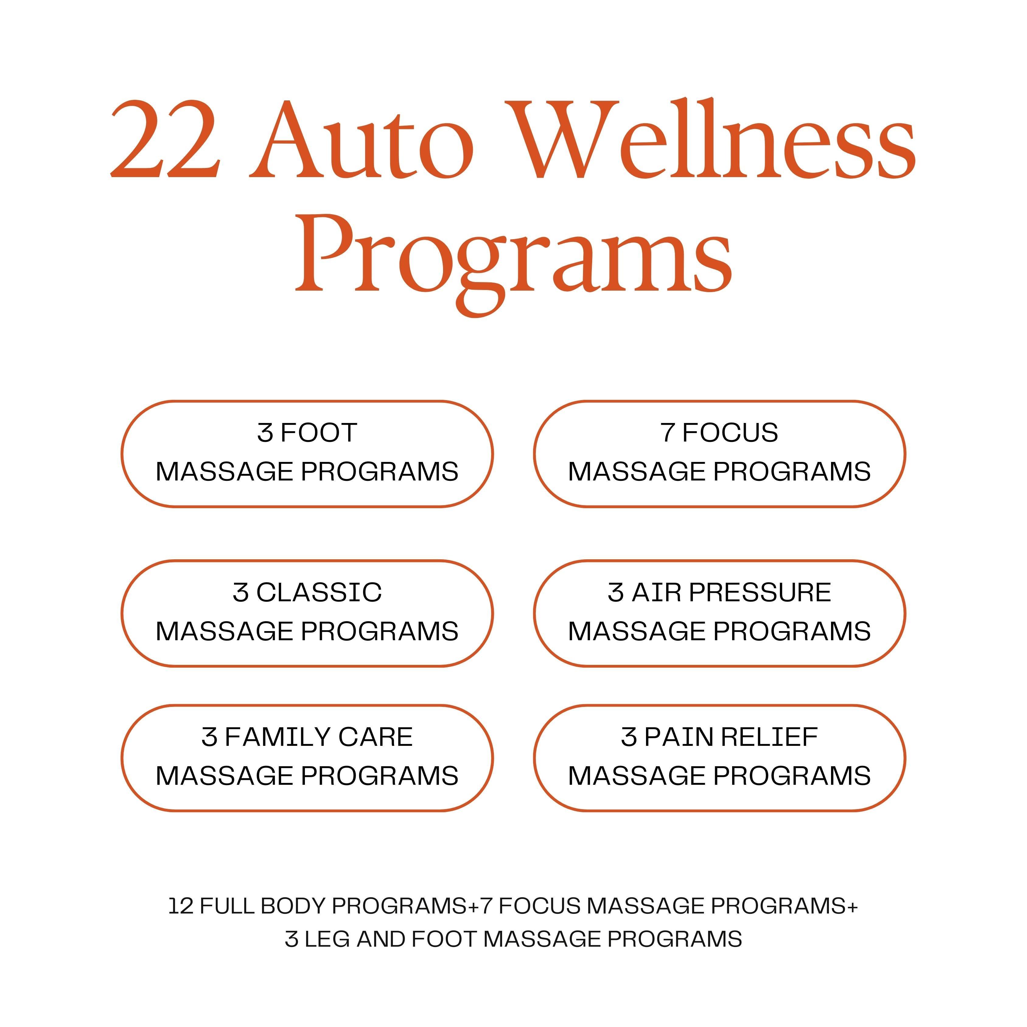 Overview of 22 auto wellness programs including foot, focus, classic, air pressure, family care, and pain relief massage options. best massage chair uae, massage chair Dubai, massage chair uae, massage chair Saudi Arabia, كرسي التدليك, Best massage chair 