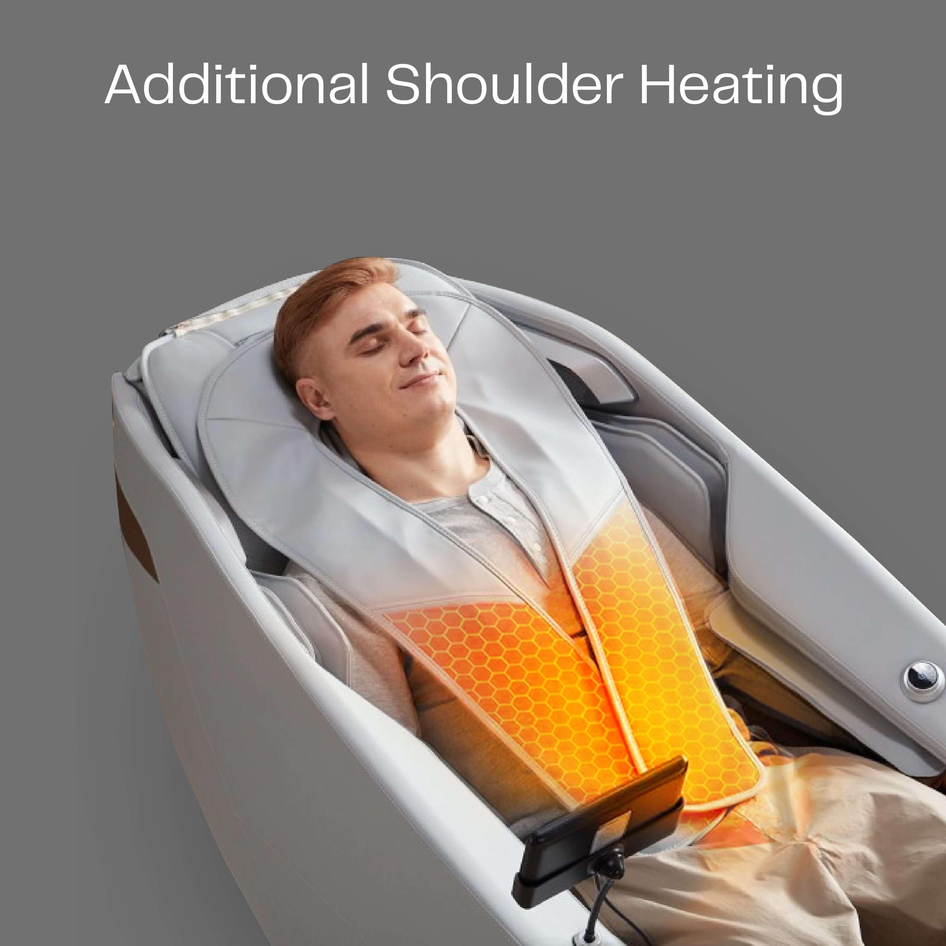 Man enjoying additional shoulder heating feature on Ekanite Massage Chair with tablet control, best massage chair in UAE, كرسي مساج كهربائي