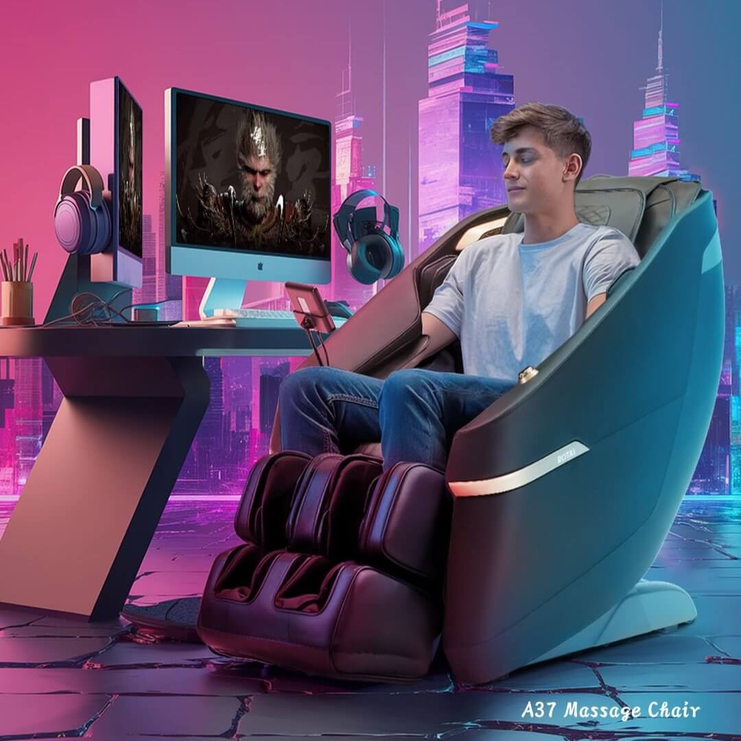 Person relaxing in an A37 massage chair beside a gaming setup with futuristic cityscape in the background.