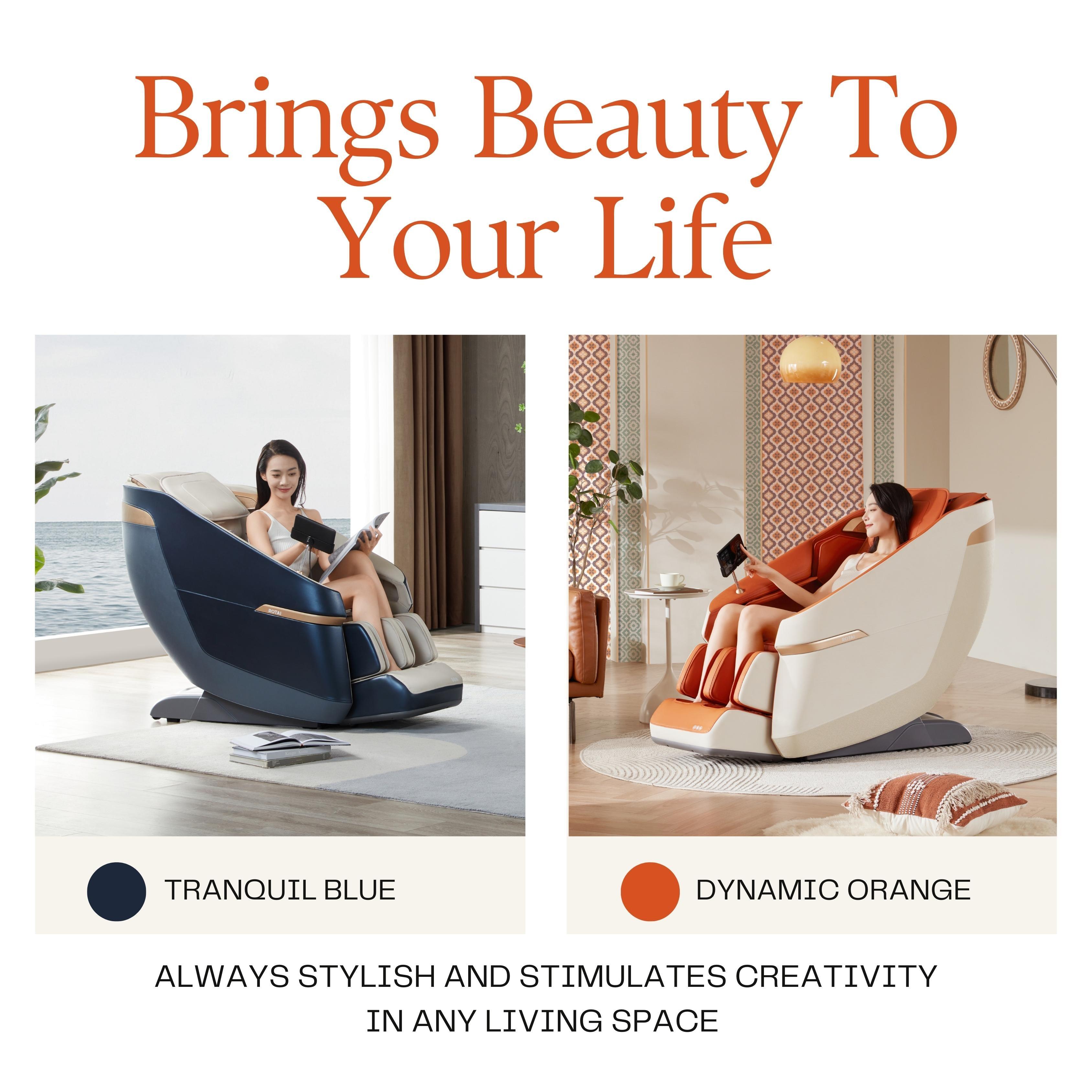 Two Jimny massage chairs - one in tranquil blue, one in dynamic orange, showcasing stylish design for ultimate relaxation. Best massage chair UAE. best massage chair uae, massage chair Dubai, massage chair uae, massage chair Saudi Arabia, كرسي التدليك, Be