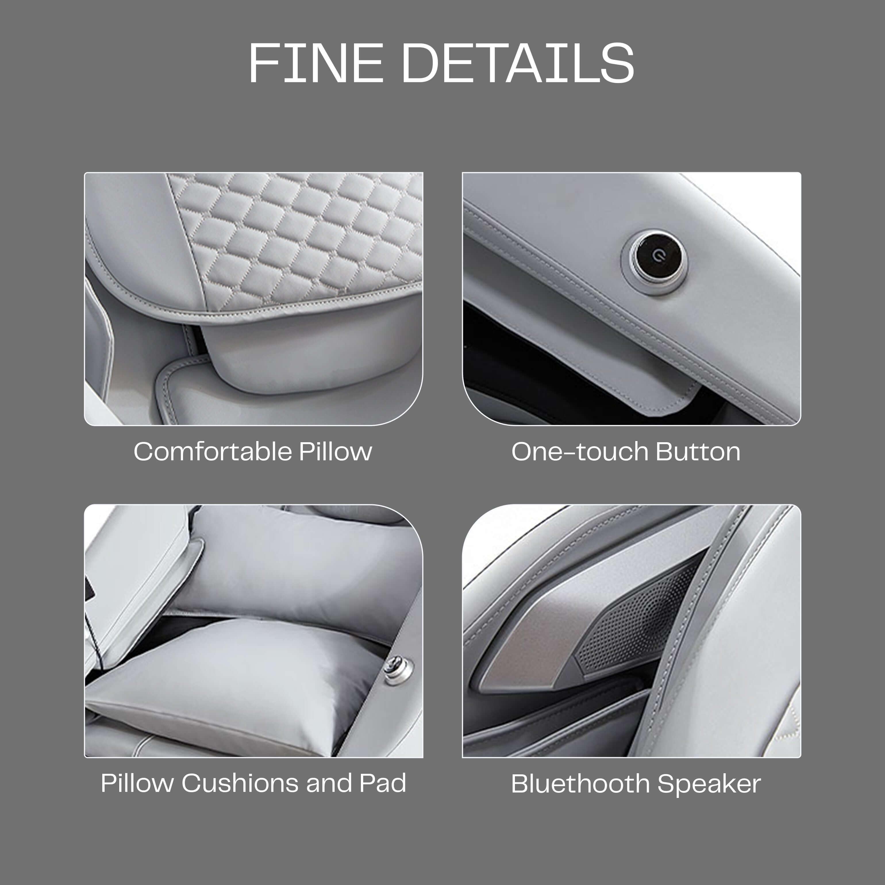 Close-up of Ekanite Massage Chair and Sofa features, including comfortable pillow, one-touch button, pillow cushions and pad, and Bluetooth speaker.