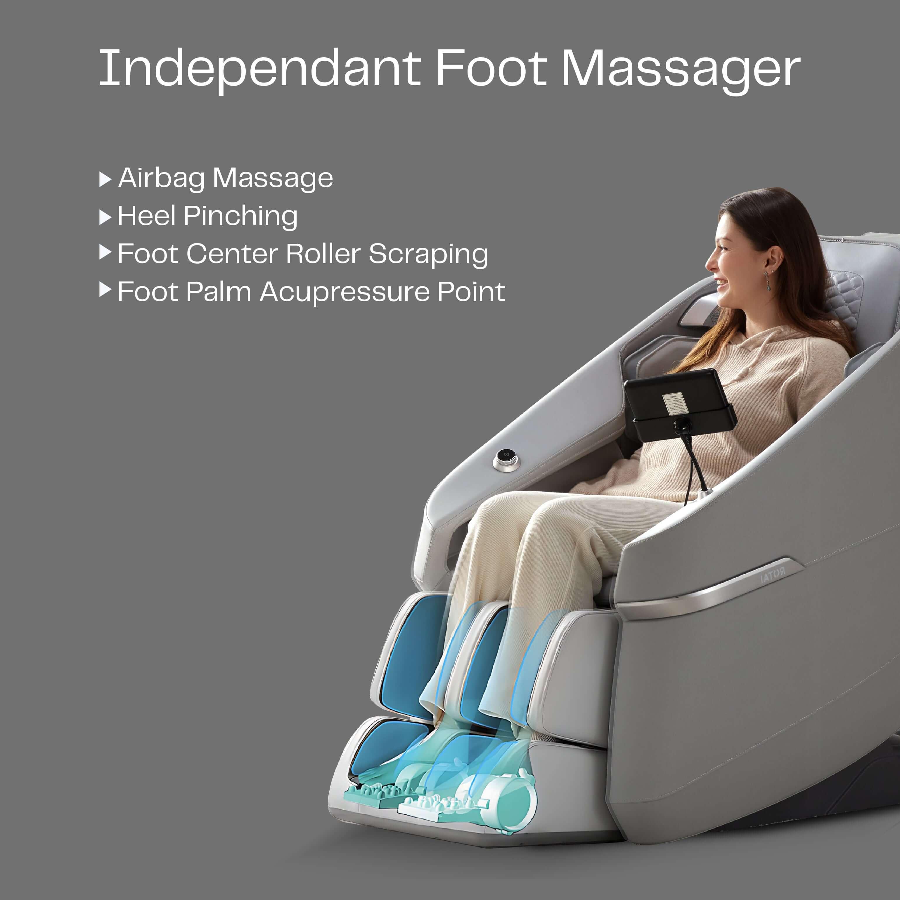 Woman using Ekanite Massage Chair with foot massager feature, tablet control, and airbag massage. Best Massage Chair in UAE, Dubai. كرسي مساج كهربائي