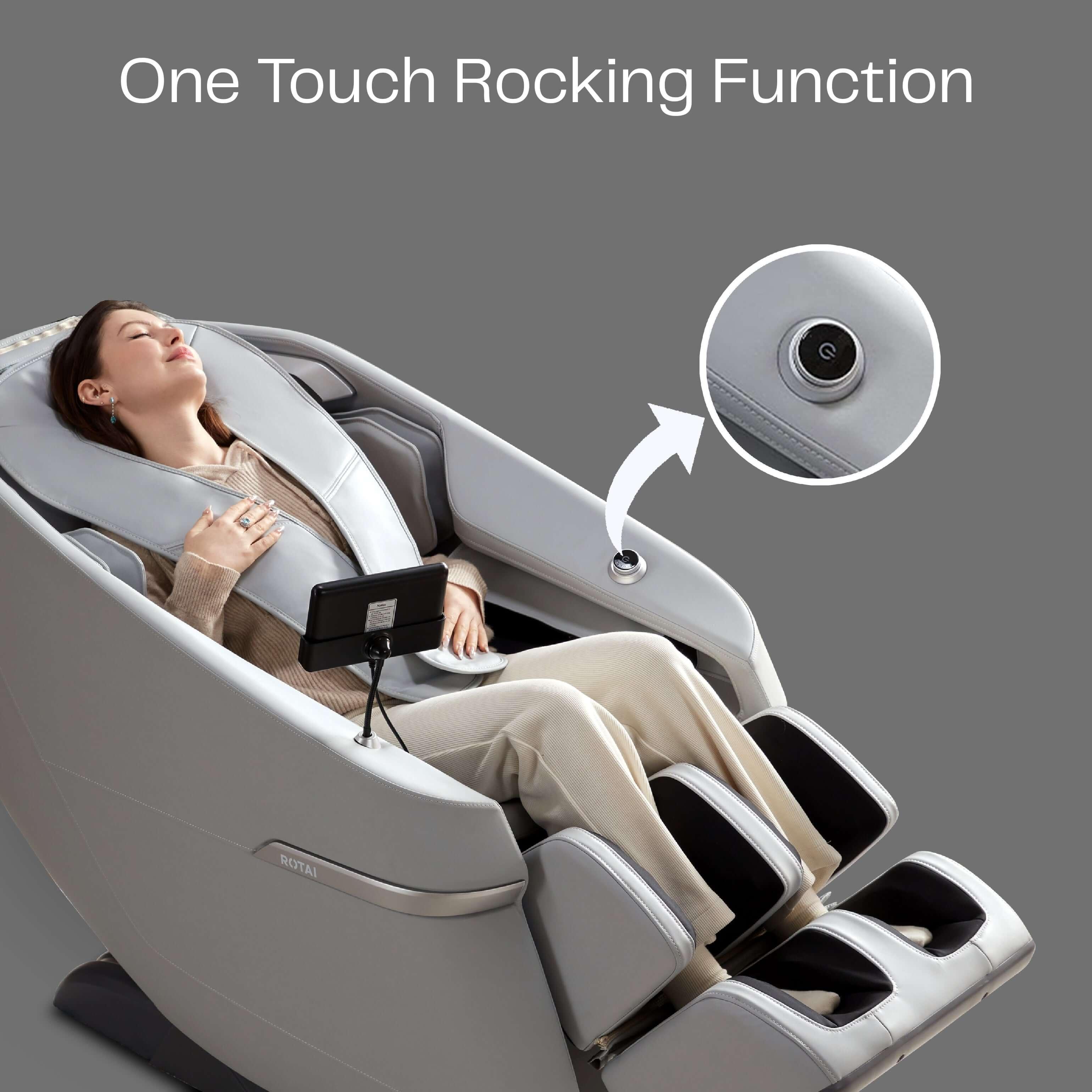 Woman relaxing in Ekanite Massage Chair with foot massager and one-touch rocking function, best massage chair in UAE, Dubai, كرسي استرخاء, كرسي مساج كهربائي