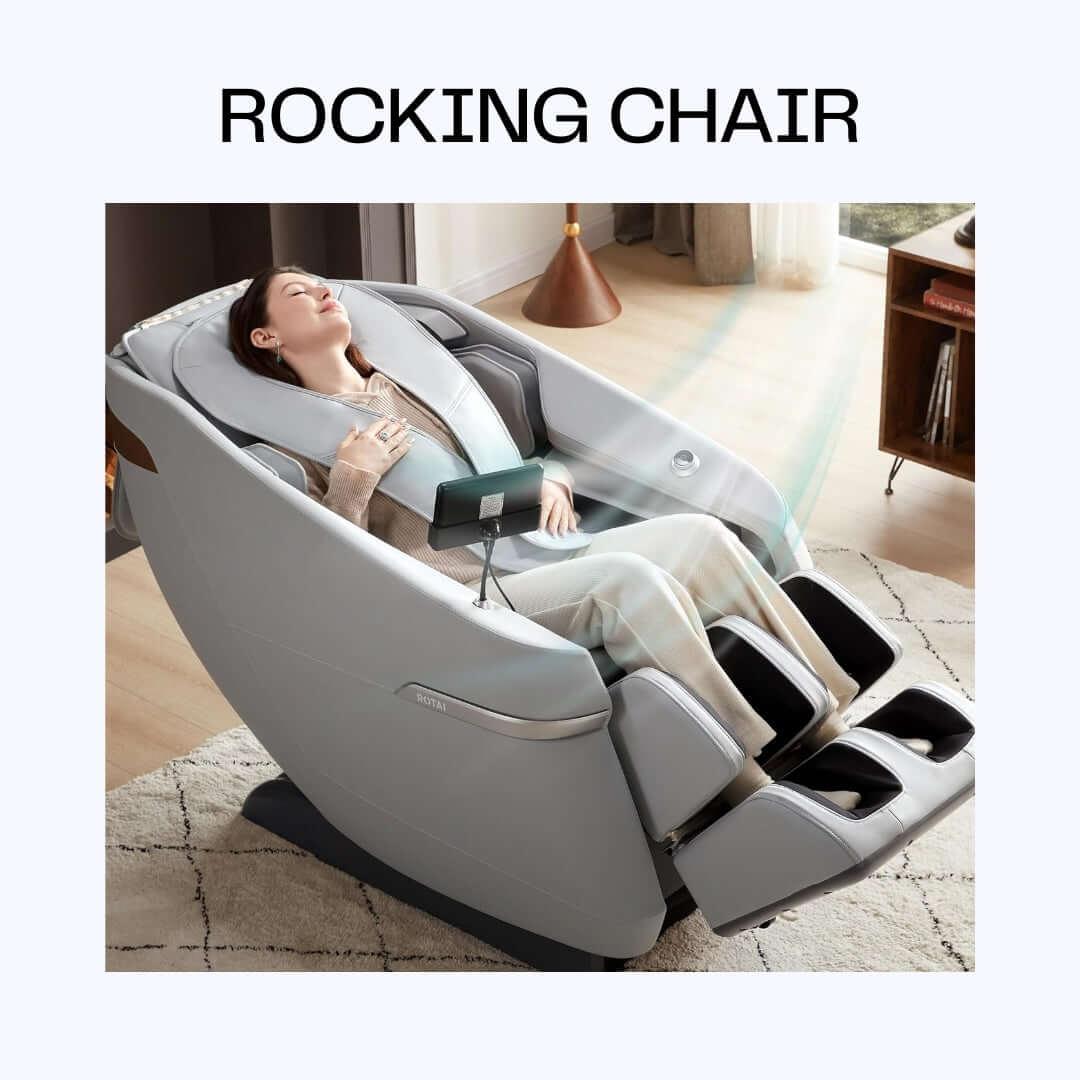 Woman relaxing in Ekanite rocking massage chair with foot massager and tablet control, best massage chair in UAE, Dubai, كرسي مساج كهربائي