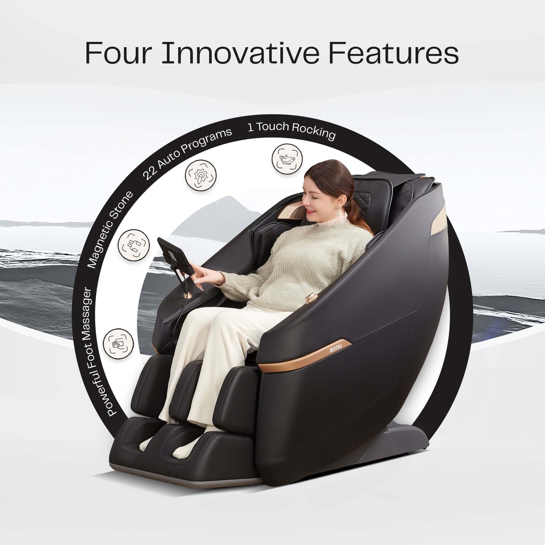 Woman using Black Ekanite 2 in 1 Massage Chair with four innovative features in a cozy room, UAE's best with a 10-year warranty.