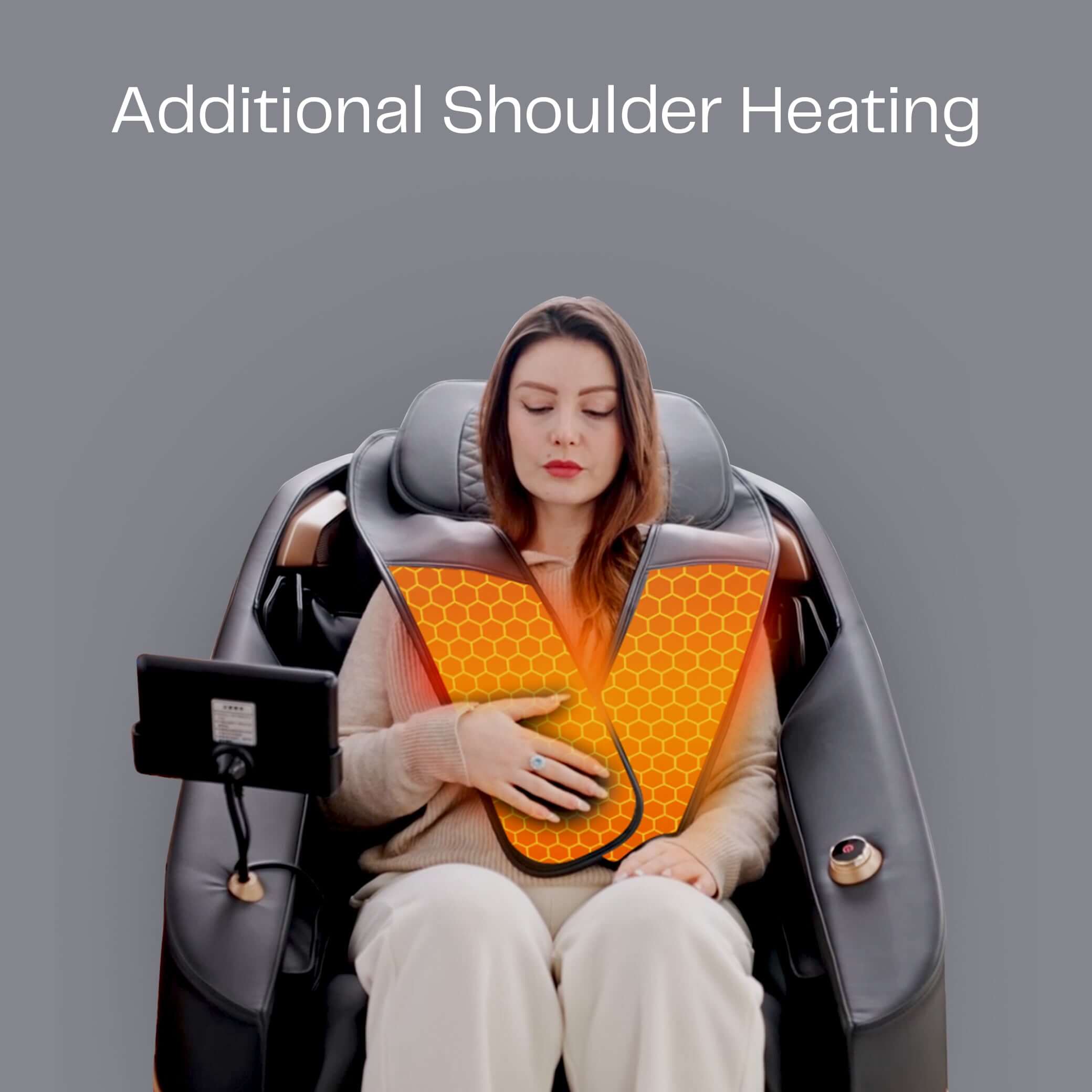 Woman enjoying additional shoulder heating in a black Ekanite 2 in 1 massage chair, highlighting comfort features.