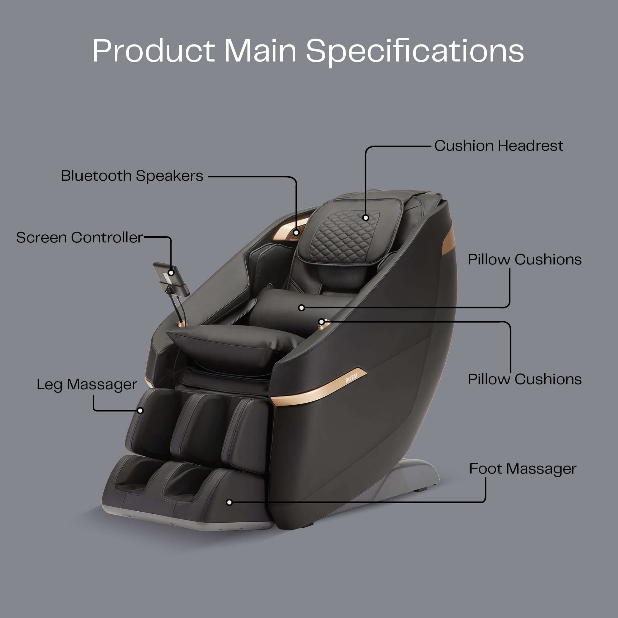 Black Ekanite 2 in 1 Massage Chair and Sofa showing main specifications with cushion headrest, leg and foot massager.