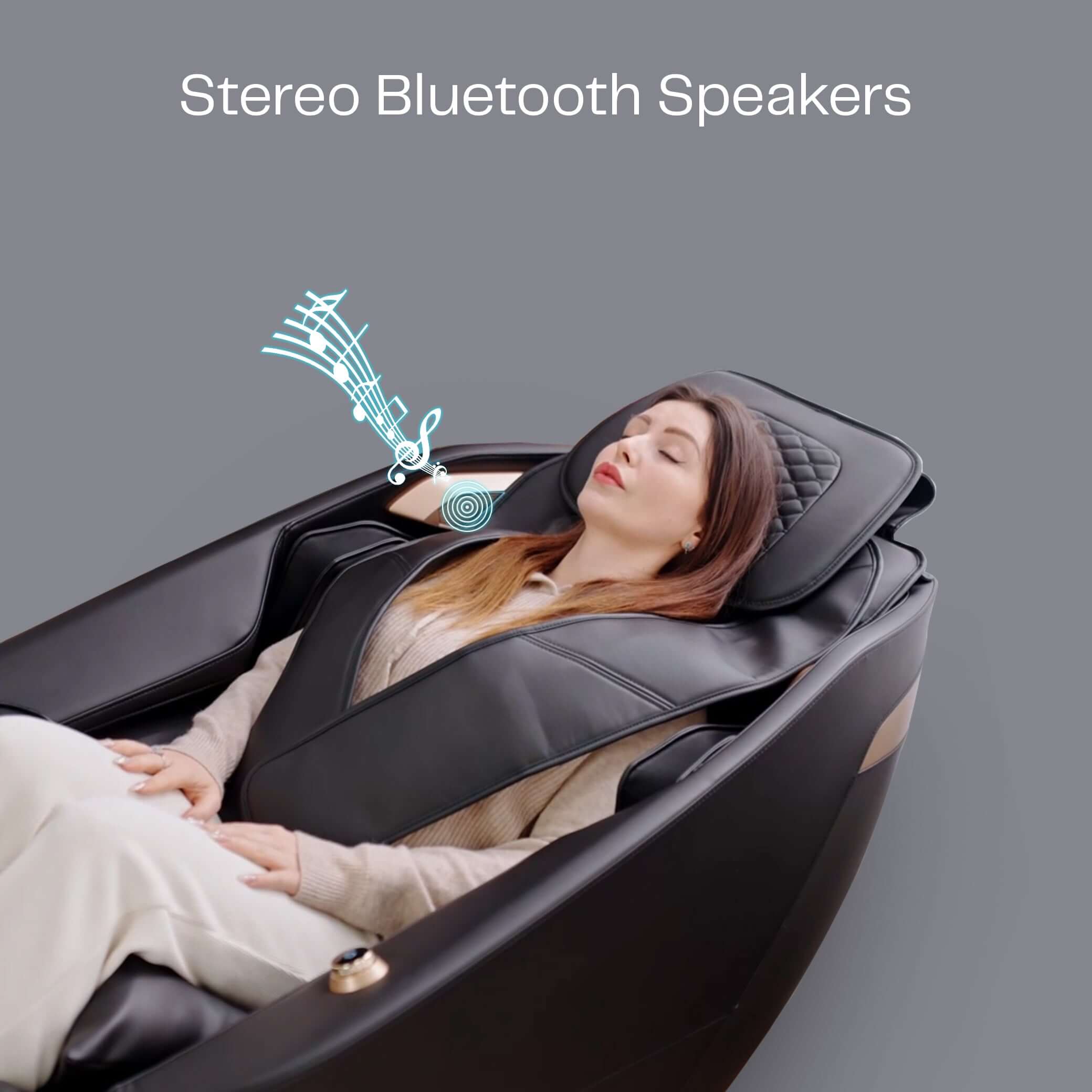 Woman relaxing in Black Ekanite 2 in 1 Massage Chair and Sofa with stereo Bluetooth speakers, offering comfort and style.