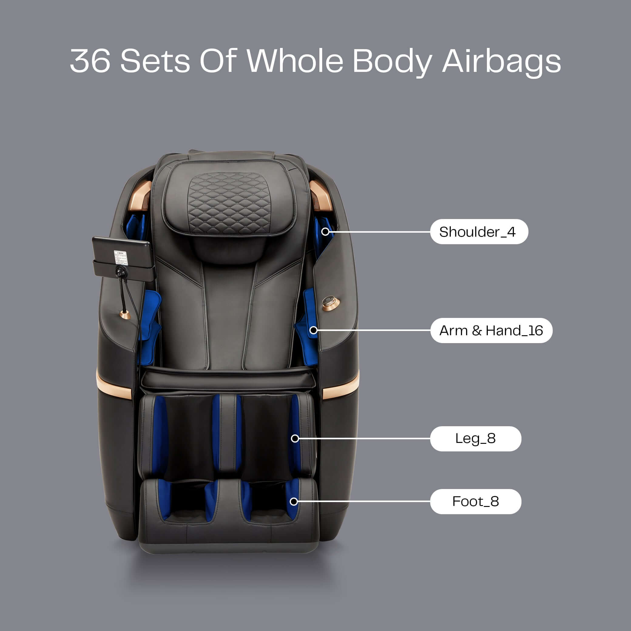 Black massage chair with 36 airbags, featuring sections for shoulders, arms, legs, and feet, ideal for comfort and relaxation.