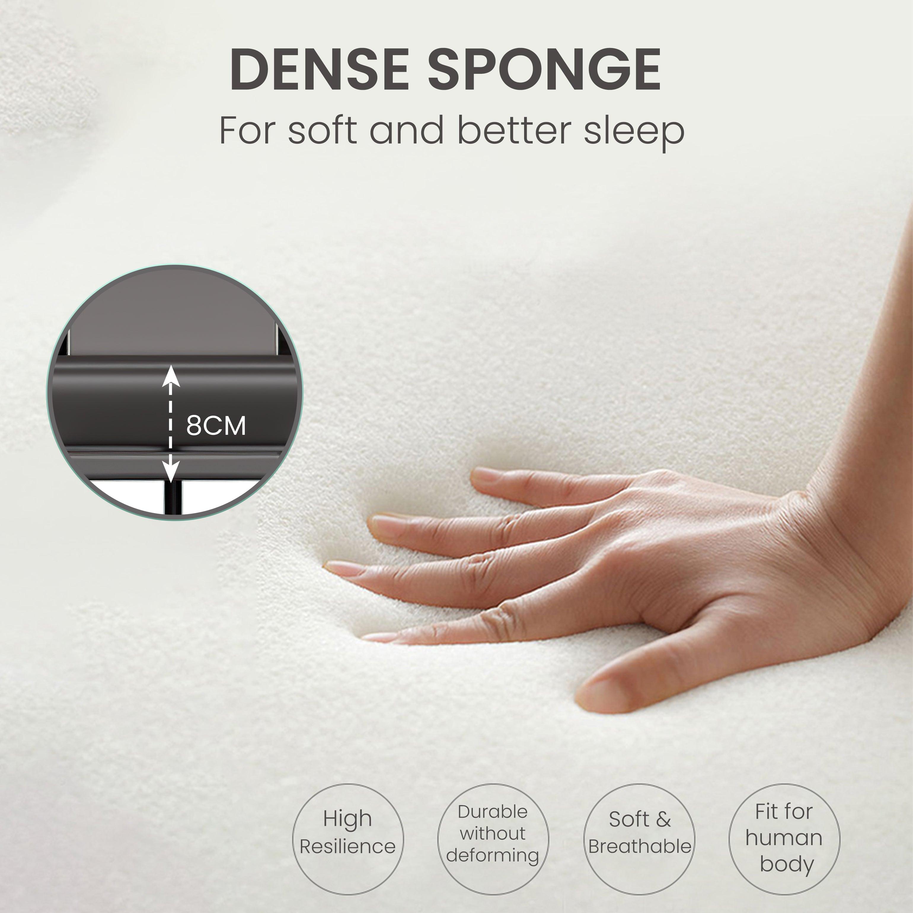Hand pressing dense sponge mattress showcasing 8cm thickness for soft and better sleep with high resilience and durability