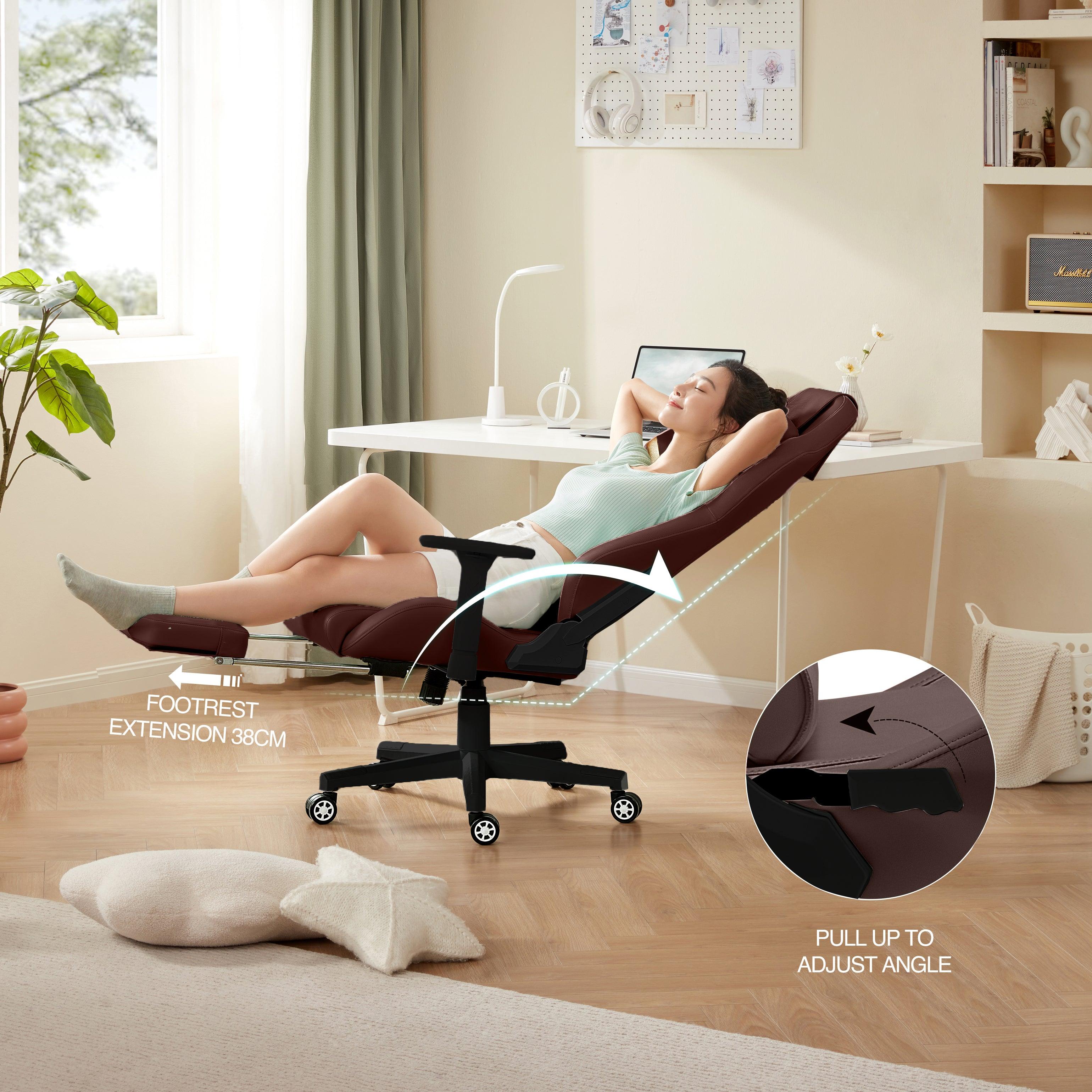 Woman relaxing in a reclining brown office massage chair with footrest extension in a home office setting.