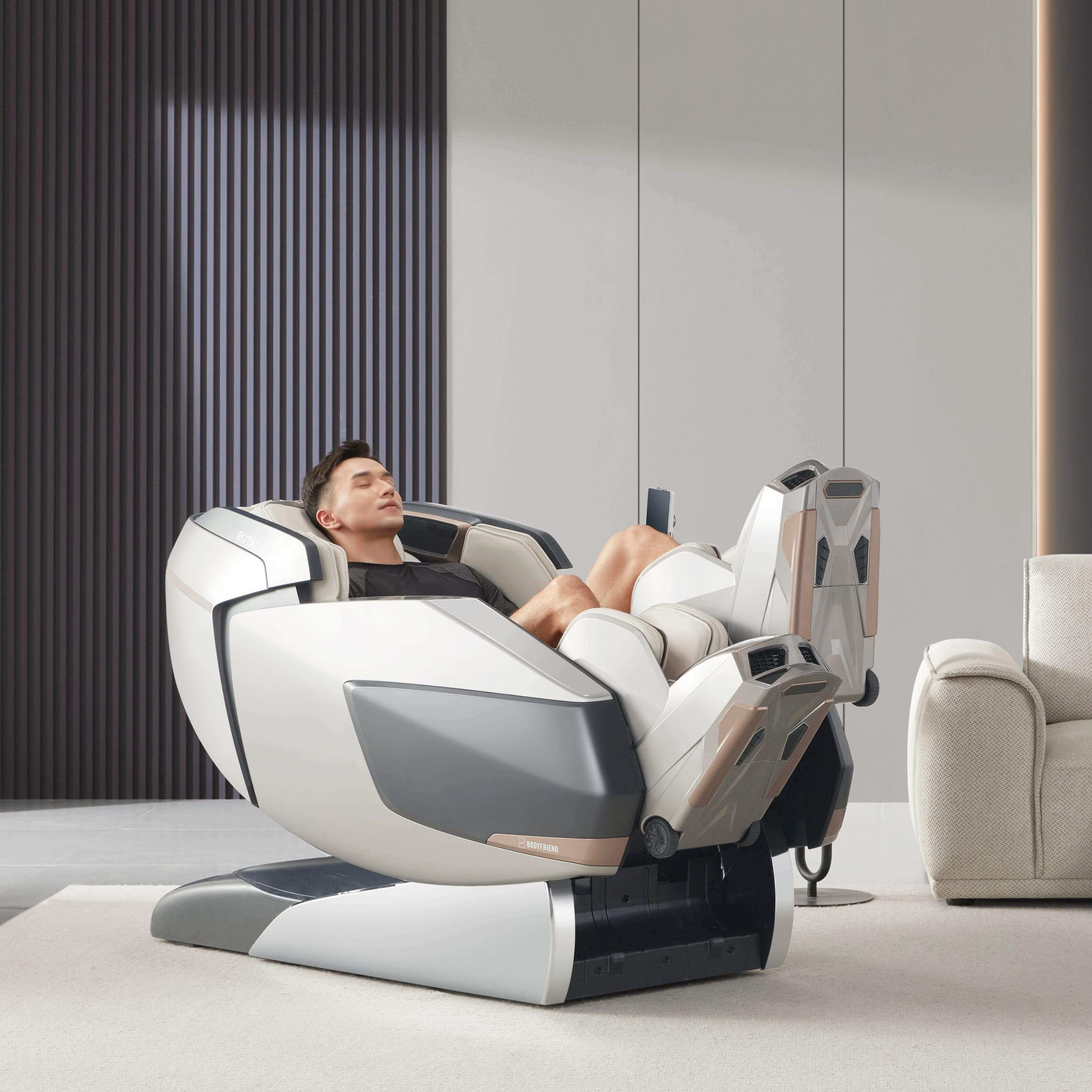 AI Robotic Massage Chair in Glacier Silver with Rovo Walking Technology, best massage chair in UAE, Dubai, enhancing lower body flexibility and circulation, best massage chair uae, massage chair Dubai, massage chair uae, massage chair Saudi Arabia, Best M