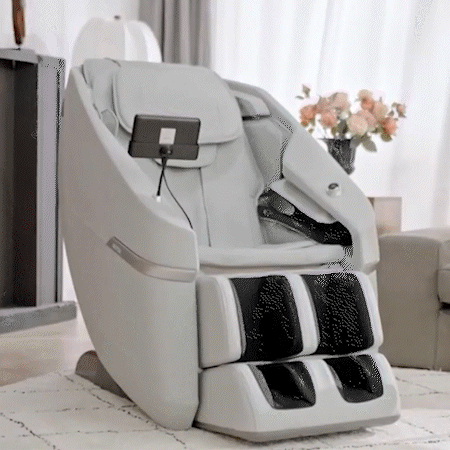 Grey Ekanite massage chair with foot massager and tablet control in a modern living room. Best Massage Chair in UAE.