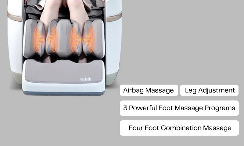 Grey full body massage chair with foot massage, airbag features, and visible program highlights