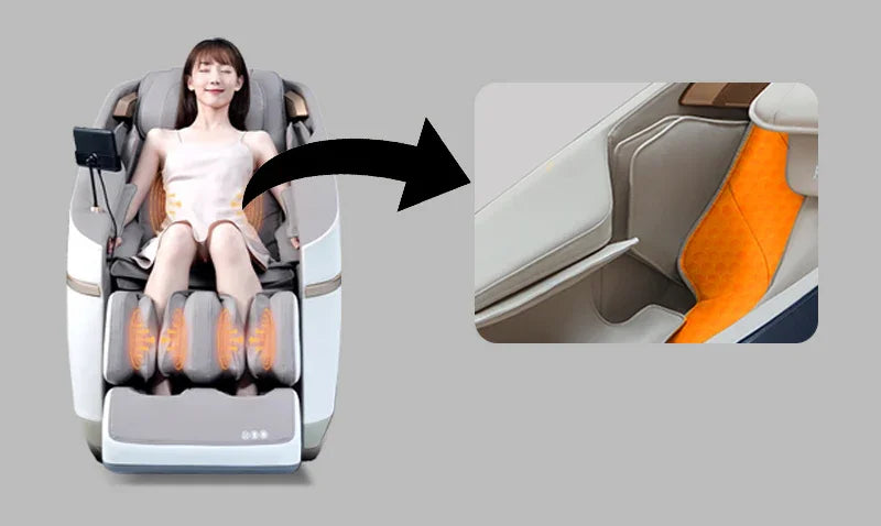 Woman using a Rotai full body massage chair in grey with close-up of orange seat detail, Dubai UAE