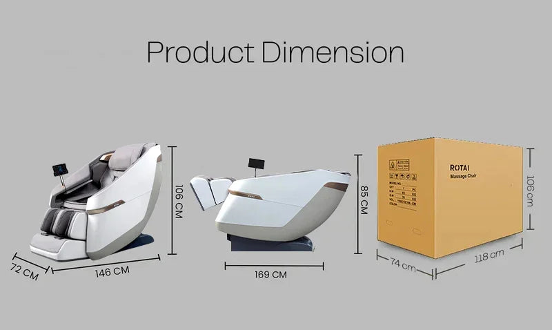 Rotai massage chair product dimensions and packaging box on grey background, Dubai UAE