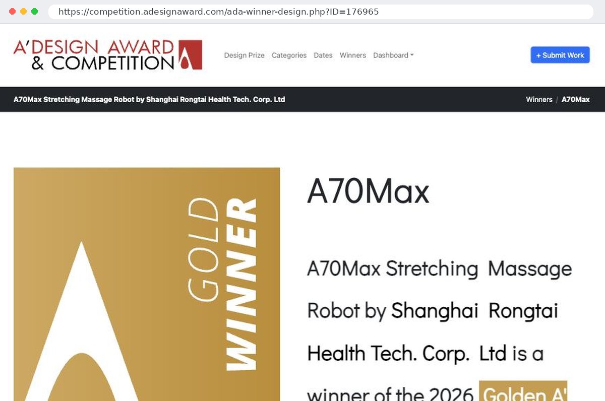 A’ Design Award, Golden 2026 — official winner page for the A70 Max stretching massage robot