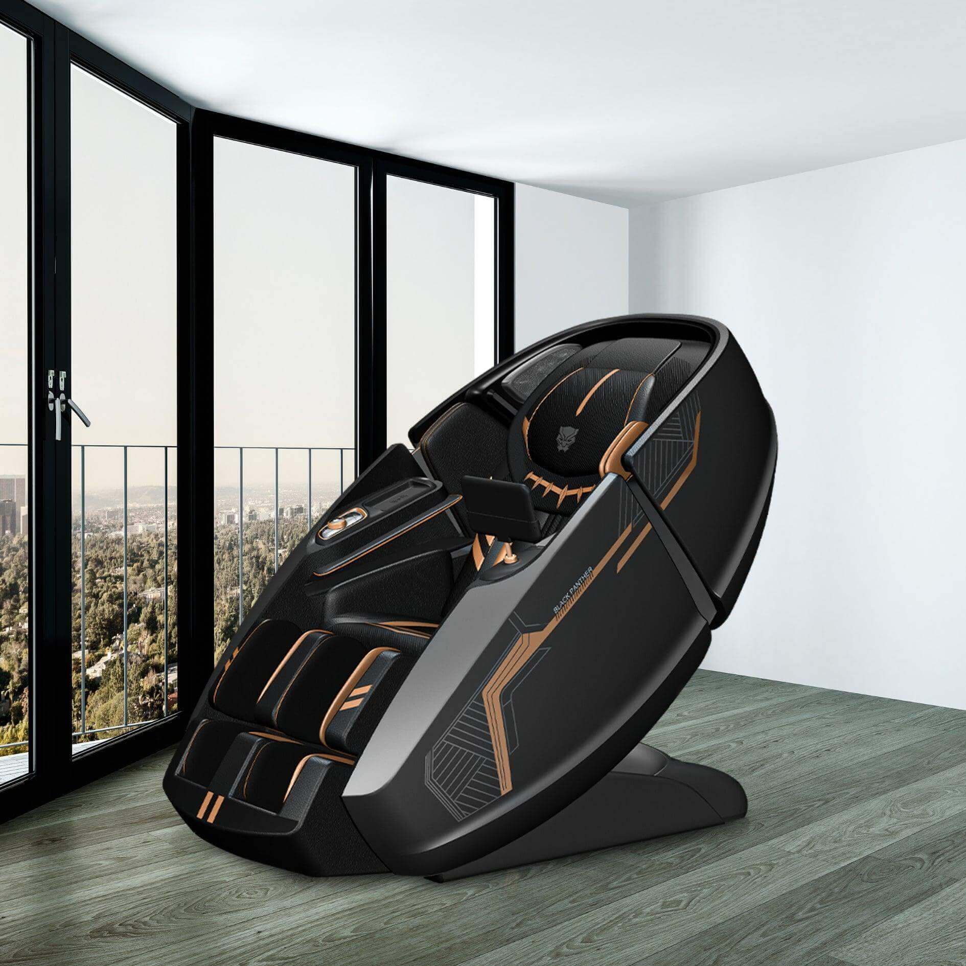 Luxury Black Panther massage chair by Rotai with panoramic view, best massage chair brand in Dubai, UAE, Saudi Arabia. كرسي التدليك